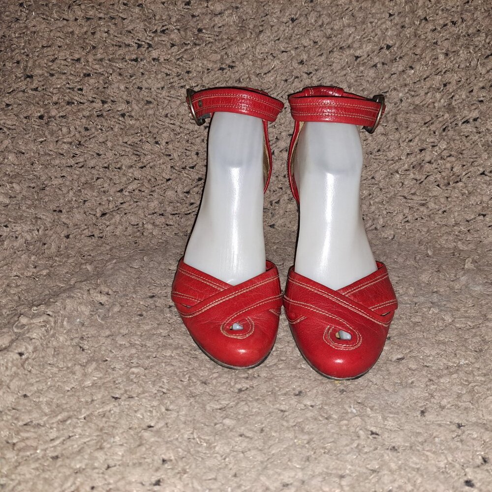 Vintage FLY GIRL/FLY LONDON-Red Leather Ankle Strap-Boho/Rockabilly-Sz 37-VG - Picture 3 of 8